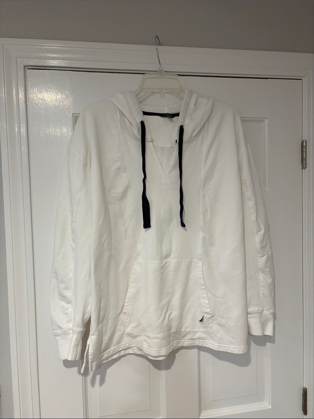 Nautica White Pullover Hoodie with Navy  Drawstrings